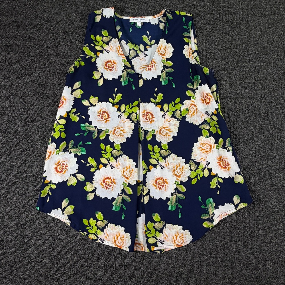 Rose + Olive Tank Top Womens L V-Neck Pleated Navy Blue Floral EUC